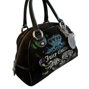 VTG Juicy Couture Bowler Bag Purse Velour Silver Royal Juicy Charm Retro Y2K